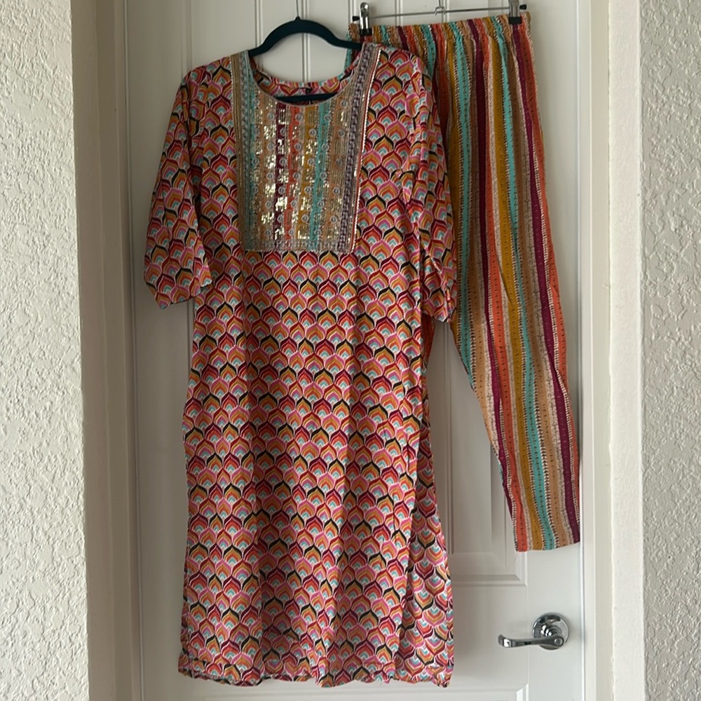 Vibrant Indian Co-ord Set, Orange and Pink Kurta Pajama - Picture 4 of 6